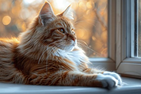 Maine Coon cat with a thick, fluffy coat lounging on a windowsill in sunlight