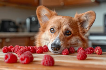 A Corgi with a fluffy red-orange coat sniffing at a handful of fresh raspberries on a wooden table
