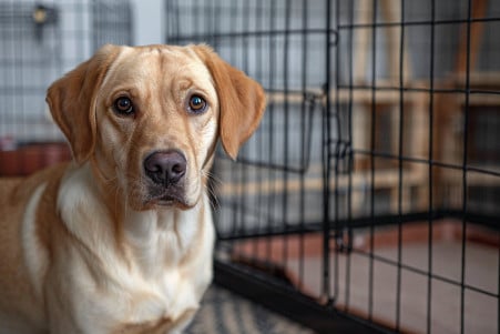 Labrador Retriever standing next to an open crate with a potty pad inside, looking focused and obedient