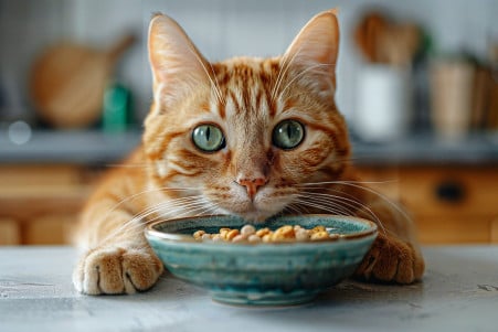 Close-up of an orange tabby cat with piercing green eyes staring intently at a bowl of Cheerios on a kitchen counter