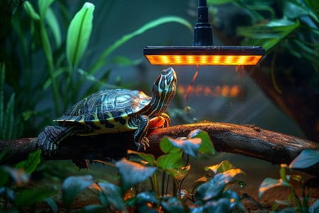 Overhead view of a yellow-bellied slider turtle stretching its neck towards a heat lamp suspended above its partially submerged, well-planted aquarium habitat