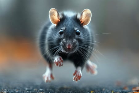 Close-up photograph of a rat's strong, muscular hind legs as it prepares to jump