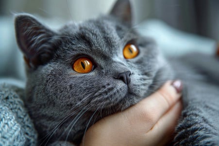 Playful British Shorthair cat leaning into its owner's hand, which is scratching behind the cat's ears