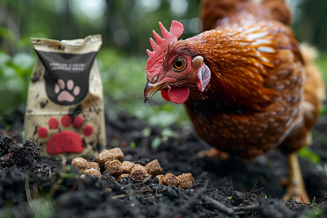A free-range Rhode Island Red chicken pecking at the ground, with a bag of cat food with a paw logo in the foreground, highlighting the difference in their dietary requirements.