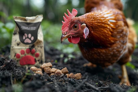 A free-range Rhode Island Red chicken pecking at the ground, with a bag of cat food with a paw logo in the foreground, highlighting the difference in their dietary requirements.