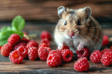 Inquisitive Campbell's Dwarf hamster peering at a small pile of raspberries on a wooden surface