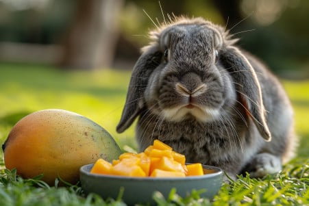 Jubilant grey lop-eared rabbit next to a bowl of diced mango and a whole mango on a grassy background