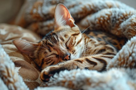 A Bengal cat with a thick, spotted coat curled up and resting in a soft-lit, cozy interior