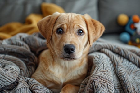A young Labrador Retriever puppy with a curious yet slightly frightened expression, sitting in a living room with a cozy blanket and toys