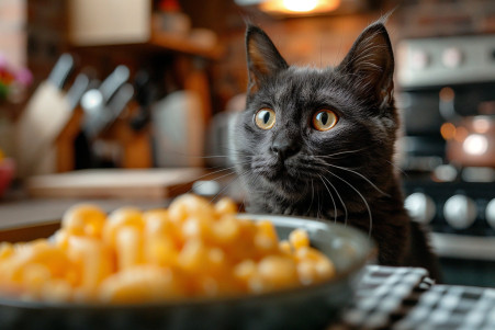 Black cat with yellow eyes sniffing a saucer of cheesy macaroni on a kitchen counter