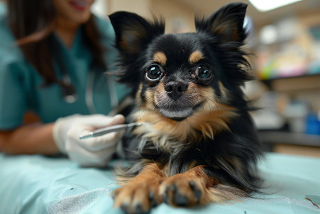Chihuahua with black coat lying on exam table as veterinarian uses tweezers to extract mango worm