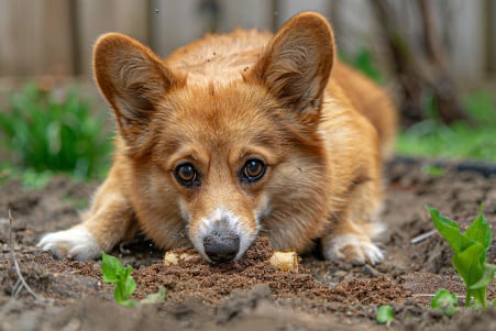 Corgi with a foxy face and stumpy legs burying a rawhide chew toy in the dirt of a backyard