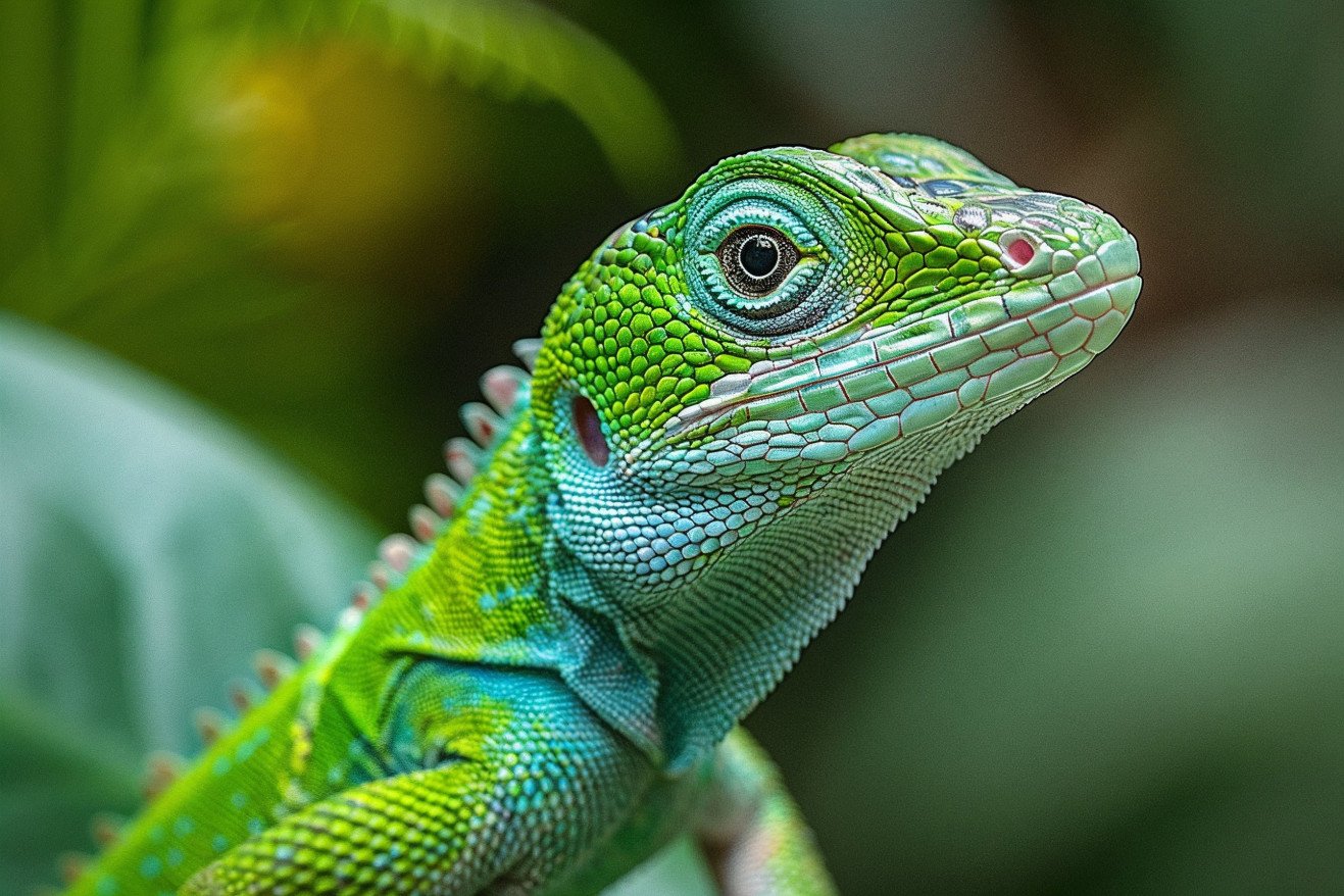 Close-up portrait of a green lizard with a vibrant body, bulging eyes, and a pointy snout, bobbing its head in a natural, tropical setting
