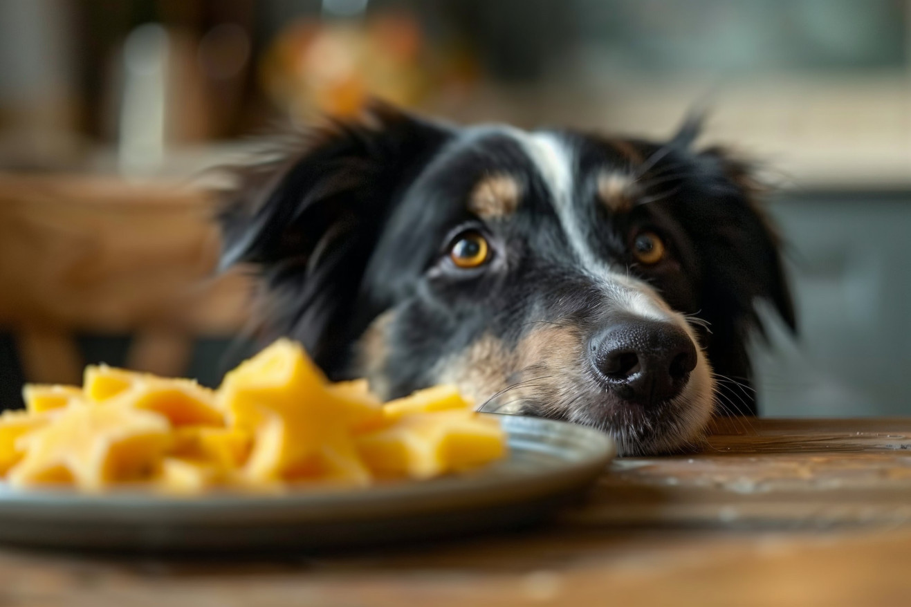 A worried dog owner holding back their energetic Border Collie from approaching a plate of star fruit slices on a table