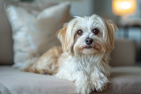 Fluffy, long-haired Havanese dog with a curious expression sitting on a couch