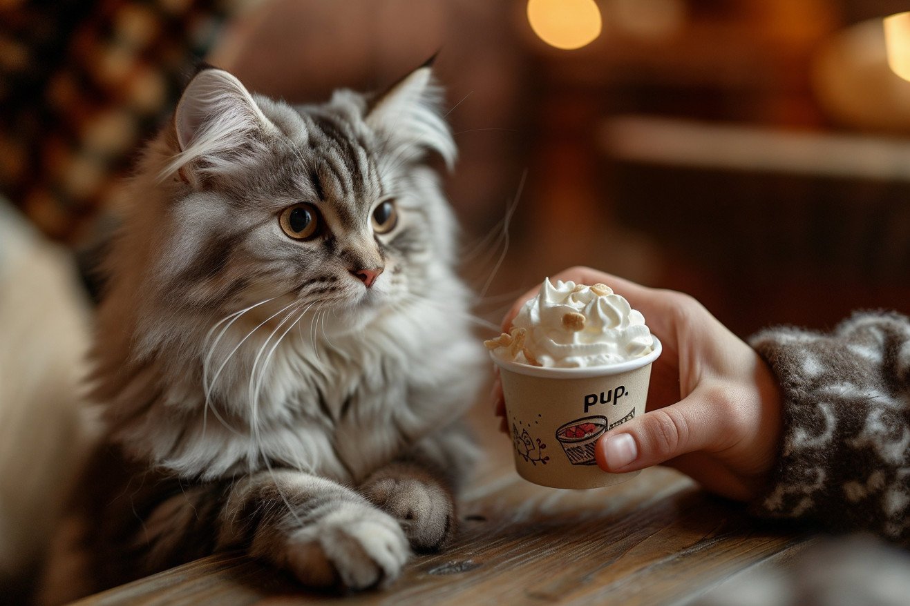 Silver shaded Persian cat sitting by a small cup of whipped cream with an owner offering a cat treat