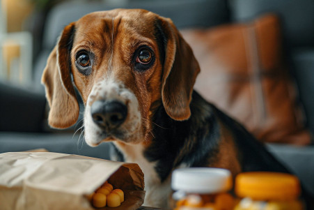 Beagle with a worried expression sitting next to an open bag of cough drops, being gently pulled away by a caring owner