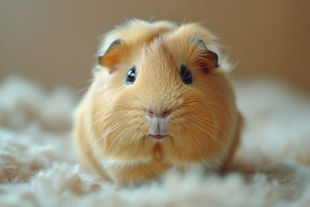 Close-up portrait of an American guinea pig with a short, smooth tan coat, focusing on its steady gaze