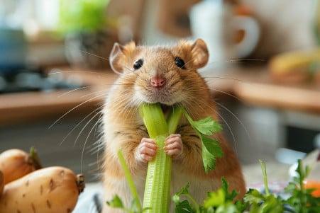 A cute brown and white fancy rat sitting upright on a kitchen counter, sniffing at a stalk of crisp celery