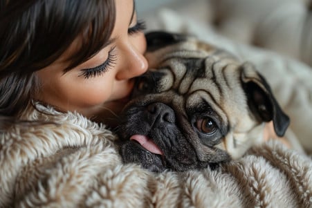 Pug tenderly licking the tip of its owner's nose as they embrace on a plush armchair