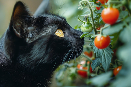 Close-up portrait of a sleek, black cat with yellow eyes staring intently at a tomato plant