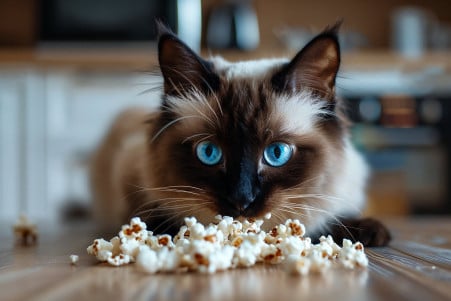 Detailed image of a slender, muscular Siamese cat batting at pieces of popcorn on a hardwood floor