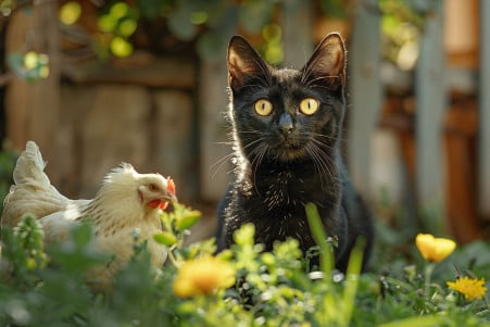 Black cat poised to pounce on a white Orpington chicken in a lush, sun-dappled backyard