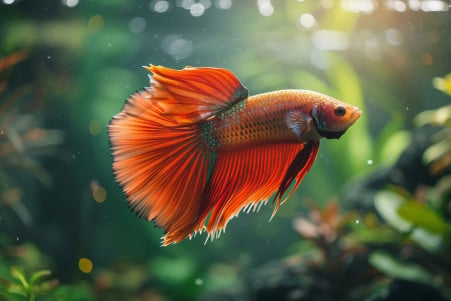 Close-up of a red and orange betta fish with a dramatic, fanned tail peeking out from the water's surface in a heavily planted aquarium