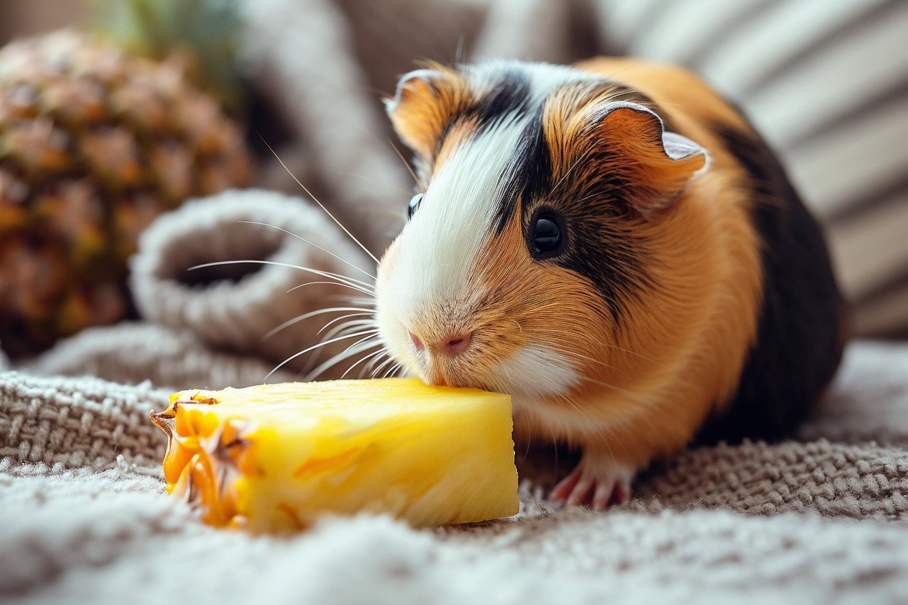 Tricolor Abyssinian Guinea Pig sniffing a piece of fresh pineapple in a spacious indoor habitat