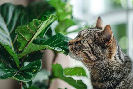 A tabby cat cautiously sniffing a large, lush fiddle leaf fig plant with a concerned expression