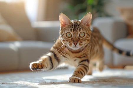 A Bengal cat with striking markings rapidly spinning in a circle, chasing and lunging at its own tail in a living room setting
