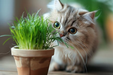 Close-up portrait of a fluffy white Persian cat sniffing a potted wheatgrass plant
