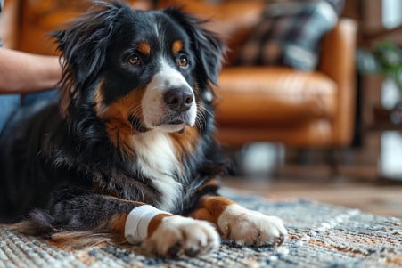 Dog owner carefully wrapping a paw injury on their Bernese Mountain Dog in a warm, home environment