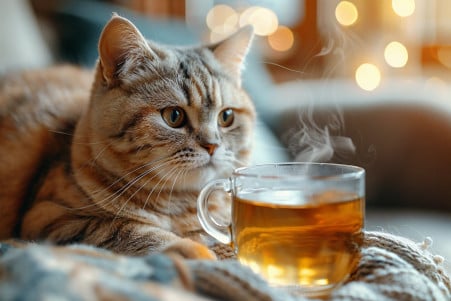 British Shorthair cat sitting next to a mug of herbal tea, intently sniffing the steam with a concerned expression