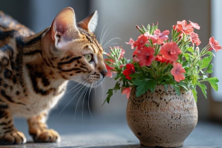 Bengal cat with a spotted coat nudging a vase containing geranium flowers, with a slightly guilty expression