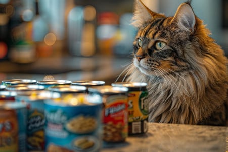 A fluffy, tufted-ear Maine Coon cat looking skeptically at a can of Friskies cat food on a kitchen counter