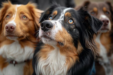 Three attentive Australian Shepherd dogs sitting with their owner