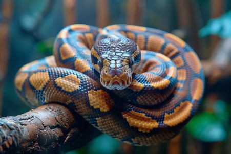 A coiled ball python with a rich, dark brown color and distinctive patterns resting on a branch