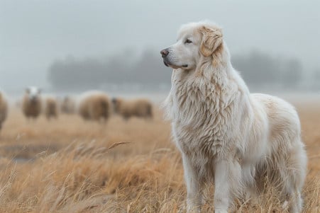 A large, fluffy white Great Pyrenees dog standing protectively in front of a flock of sheep in a pasture