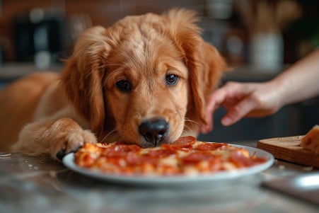 Golden Retriever puppy sniffing at pepperoni on a kitchen counter, with the owner's hand gently redirecting the puppy away