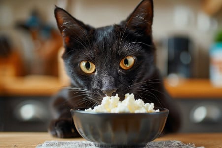Black cat with golden eyes sniffing a bowl of cottage cheese on a kitchen counter