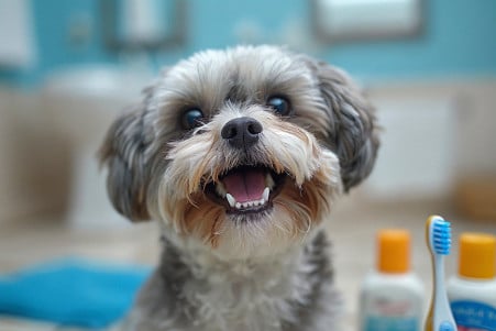 Close-up of a Shih Tzu dog with its mouth open, revealing several small cavities in its teeth, on a tile floor with dog dental care products visible