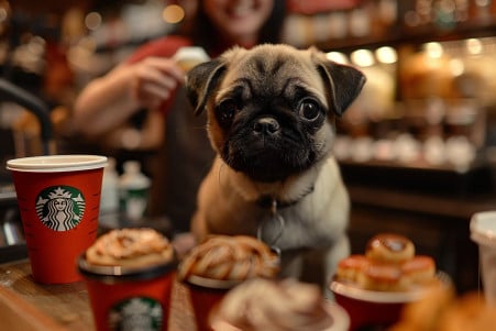 Photorealistic image of a well-behaved Pug puppy standing on the counter of a Starbucks cafe, surrounded by Starbucks cups and pastries, with a cheerful Starbucks barista in the background smiling and handing the puppy a 'Puppuccino'