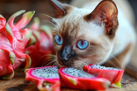 Siamese cat with bright blue eyes sniffing at a slice of dragon fruit on a wooden table