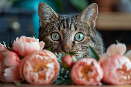 Mischievous tabby cat batting at a bunch of freshly cut peony flowers on a table