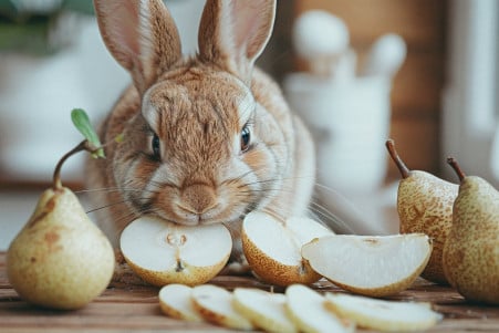 Brown and white checkered giant rabbit nibbling on a slice of pear on a wooden table