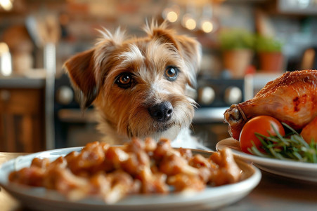 Jack Russell Terrier cautiously sniffing a plate of chicken bones on a kitchen table, with a cooked chicken visible in the background