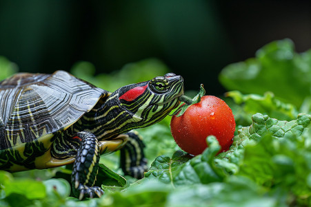 A red-eared slider turtle cautiously sniffing a ripe red tomato on a bed of leafy greens