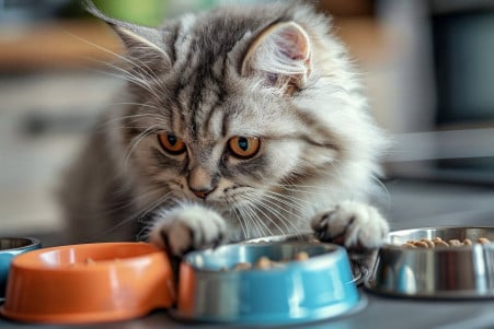 Close-up of a Persian kitten with a long, silky silver and white coat sniffing at different cat food bowls on a kitchen counter