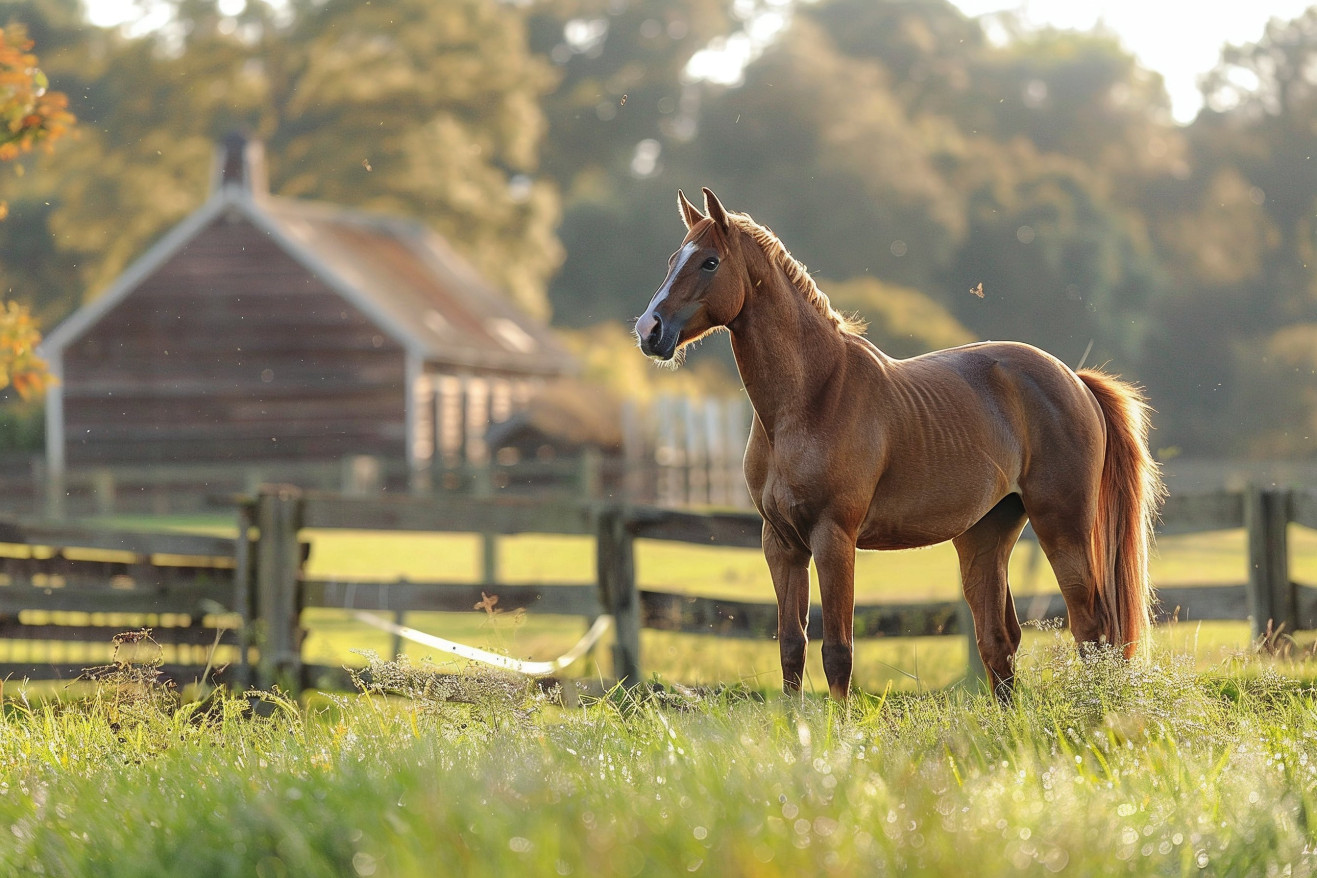 Chestnut Arabian mare standing in a lush green pasture, with a swollen belly indicating an expected foal